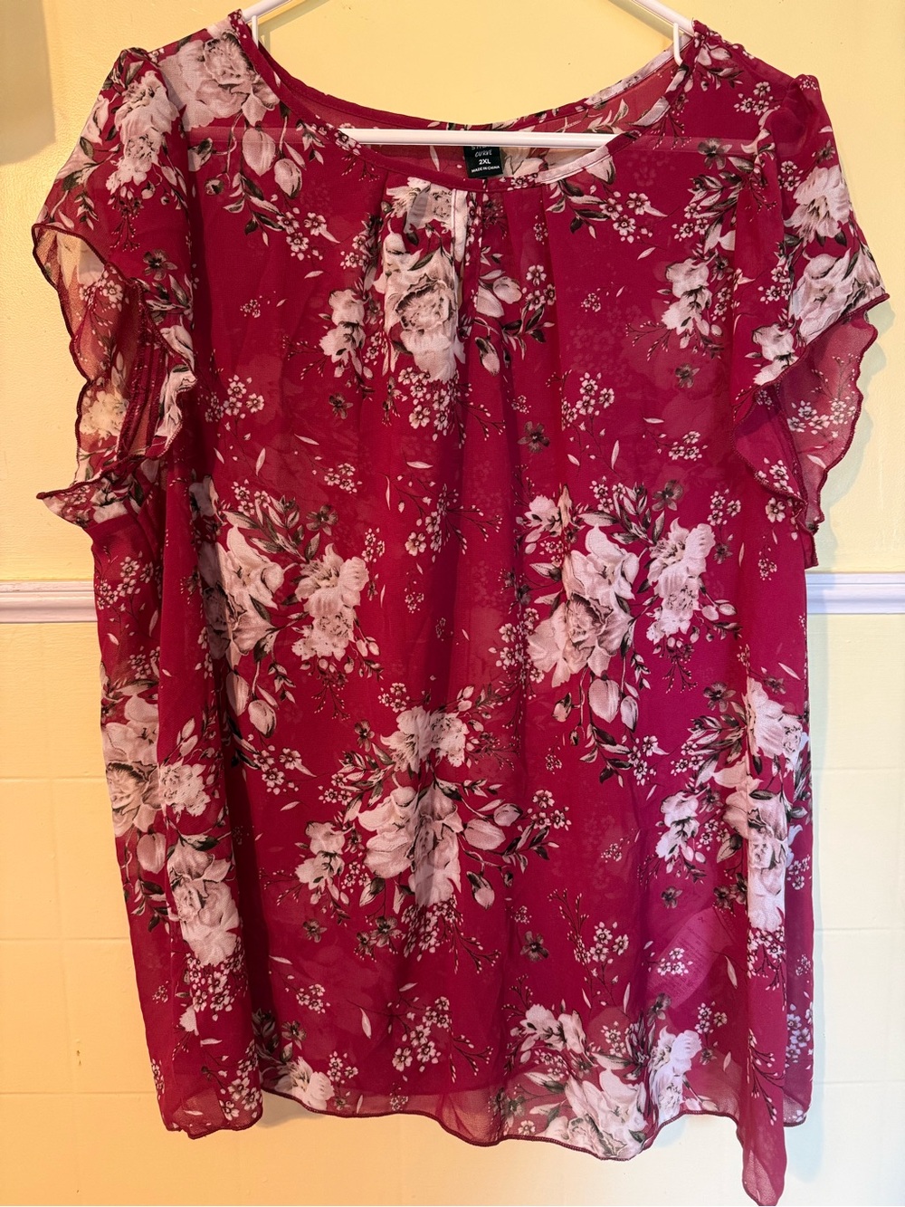 SHEIN Wine Pink Floral Chiffon Flutter Sleeve Blouse